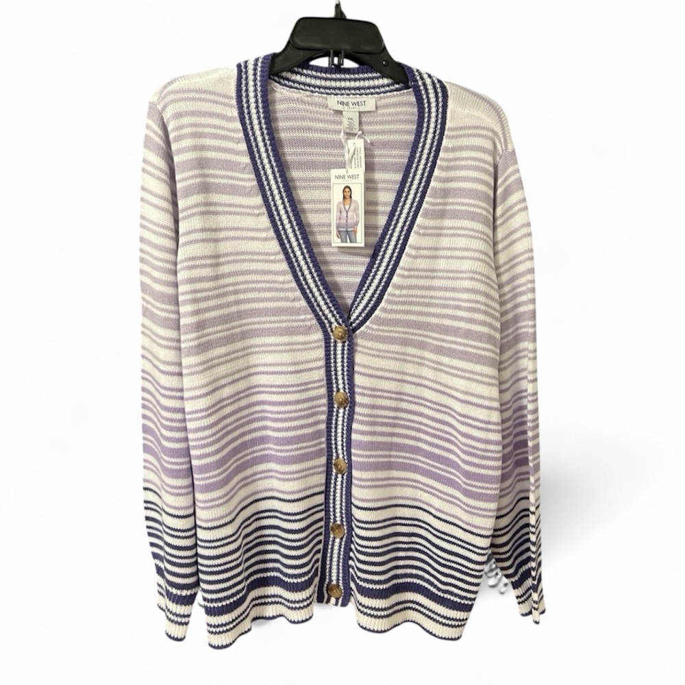 NINE WEST Women's Ombre Striped Button Up Sweater Size Large - Picture 2 of 7